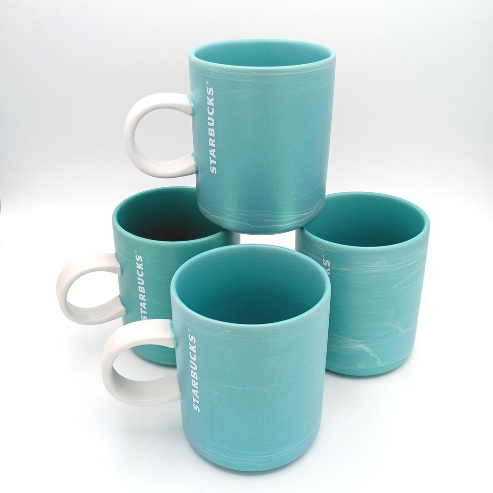 Starbucks Teal Blue Silky Finish White Handle Coffee Mugs 2019 12oz Set Of 4